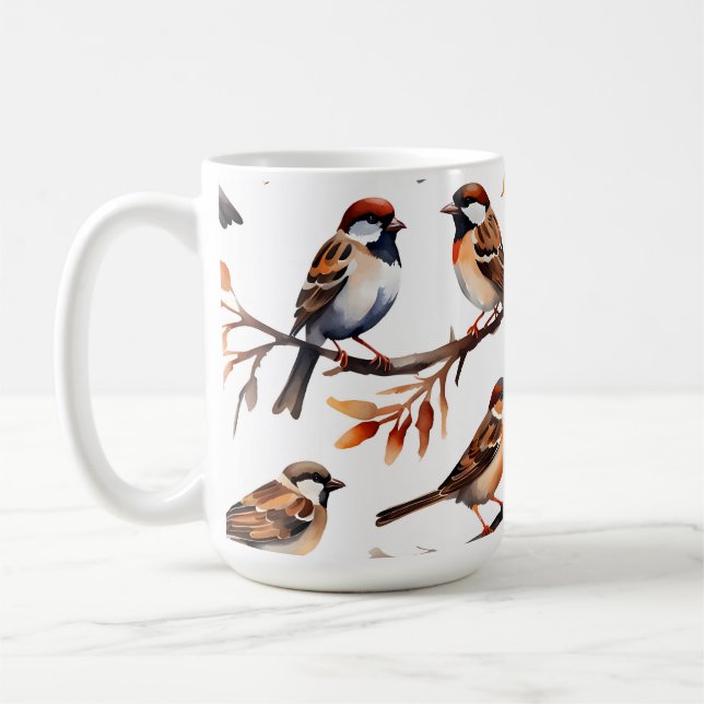 Taza De Café "Sparrow Soiree" acuarela artesanal café Mug (Izquierda)