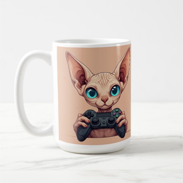 Taza De Café Sphynx Cat Holding Game Controller (Izquierda)
