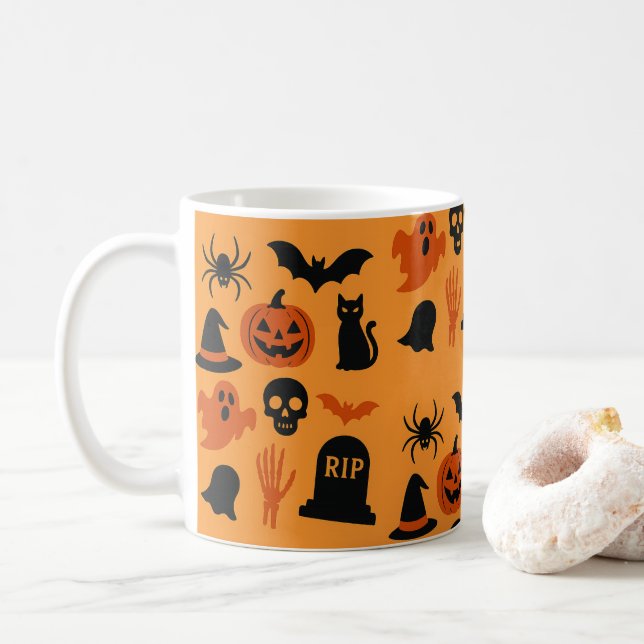Taza De Café Spooky Halloween Coffee Mug - Negro y Naranja (Con donut)