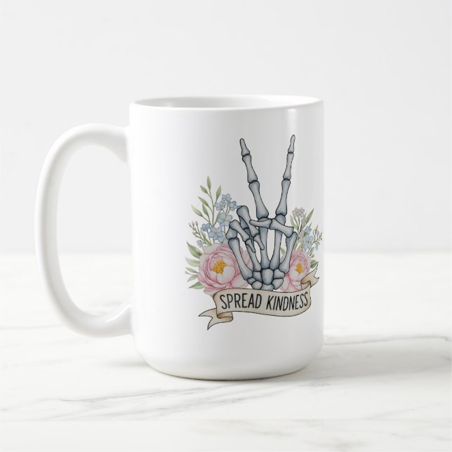 Taza De Café "Spread Kindness" Skeleton Peace Sign – Watercolor (Izquierda)