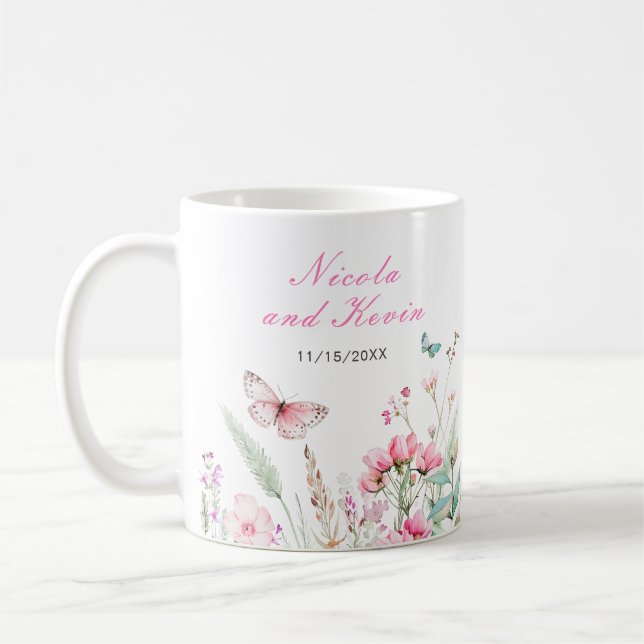 Taza De Café Spring Pink Butterfly Floral Wedding (Izquierda)