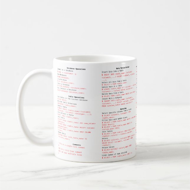 Taza De Café SQL Cheat Sheet MUG - Regalo de programación (Izquierda)