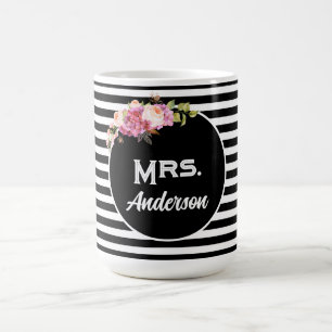 Taza De Café Sra. Apellido Apellido Flores Black White Stripes