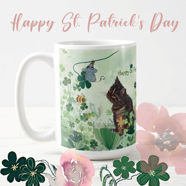 Taza De Café ST. Patrick Holiday Mug con gato y ratón (Happy St Patrick's Day with Music Mug featuring Cat and mice with beautiful Nature as background )
