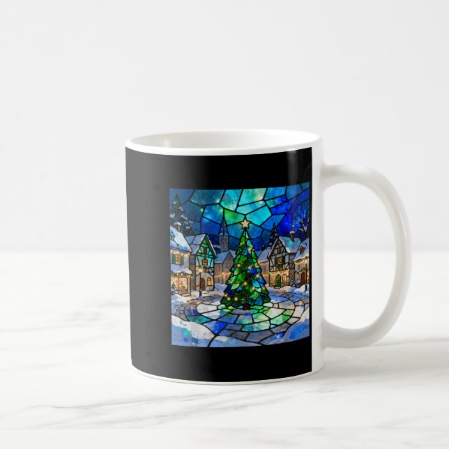 Taza De Café Stained Gl Christmas Tree Winter Village Holiday A (Derecha)
