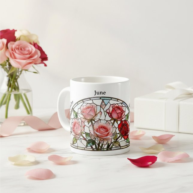 Taza De Café Stained Glass Birth Flower June Rose Personalized (Subido por el creador)