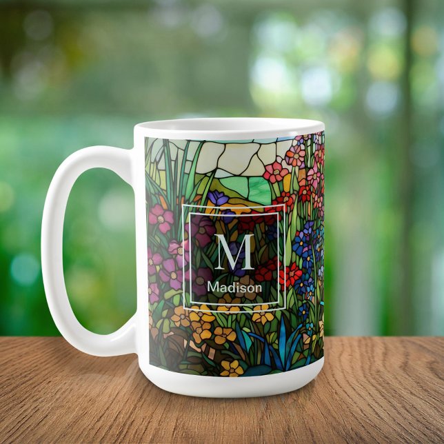 Taza De Café Stained Glass Floral Design Monogram Name Mug (Subido por el creador)