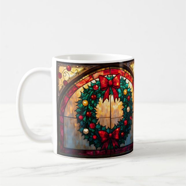 Taza De Café Stained Glass Style Wreath Happy Christmas to All (Izquierda)