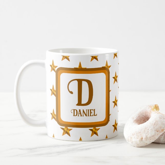 Taza De Café Star Monograma Primer Naranja Gold Nombre (Con donut)