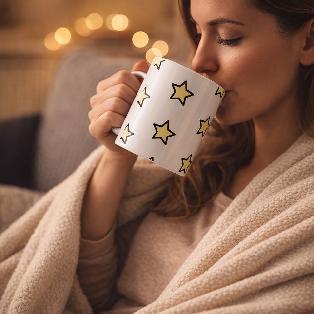 Taza De Café Star Yellow Pastel Pattern (A mug with a pattern of yellow and black stars
)