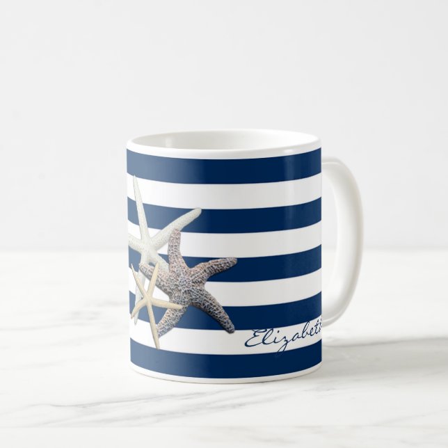 Taza De Café Starfish Adorable, Navy Blue Stripes Personalizado (Anverso derecho)