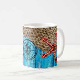 Taza De Café Starfish Rústico Nautical Blue Wood