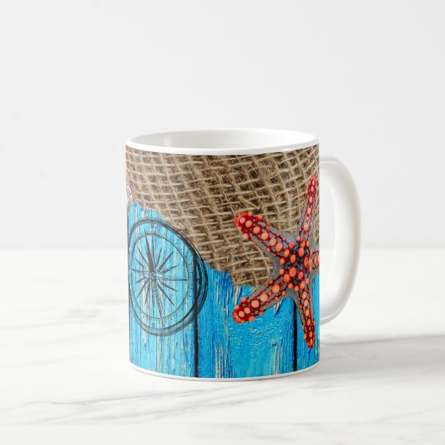 Taza De Café Starfish Rústico Nautical Blue Wood (Anverso derecho)