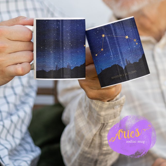 Taza De Café Starry Night Trees Gold Aries Zodiac Constellation (Subido por el creador)
