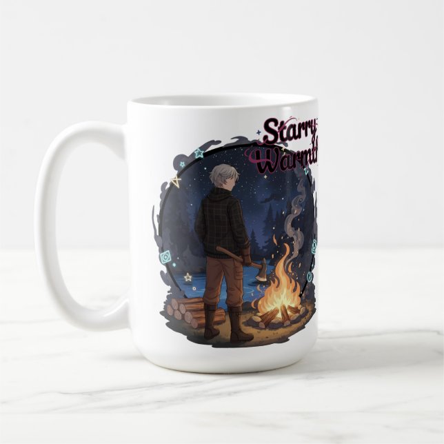 Taza De Café Starry Warmth - Lumberjack Anime Boy by Campfire (Izquierda)
