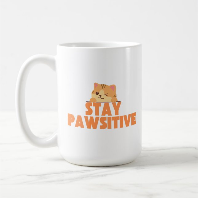 Taza De Café Stay Pawsitive Cute Winking Cat Pun Design (Izquierda)