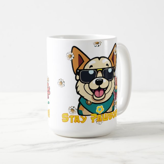 Taza De Café Stay Pawsome Corgi: Fun & Floral Dog Design (Anverso derecho)