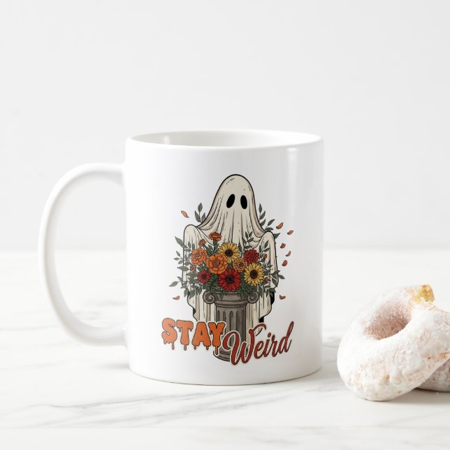 Taza De Café Stay Weird - Floral Halloween Ghost (Con donut)
