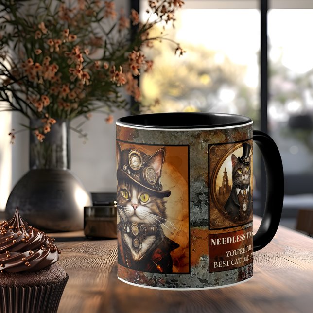 Taza De Café Steampunk Mejor Papá Gato (Mug featuring funny steampunk cats or photos of your own cats framed by a metallic grunge design)