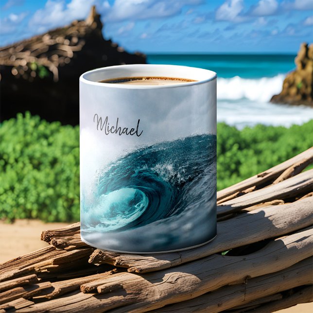 Taza De Café Stormy Verde azulado Blue Ocean Wave Rough Water S (Ocean wave personalized surfing mug)