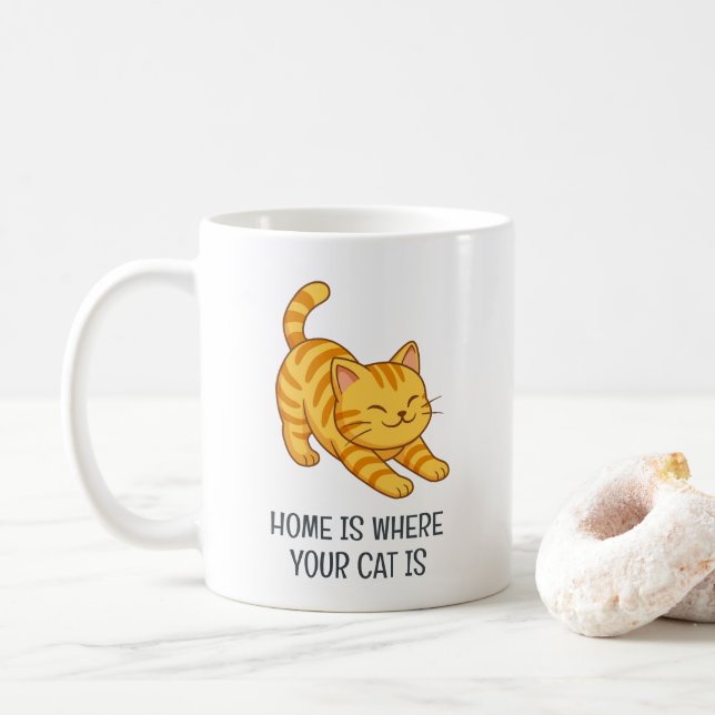 Taza De Café Stretching Orange Tabby Cat Custom Text (Con donut)