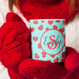 Taza De Café stylish monogrammed Red heart pattern on blue