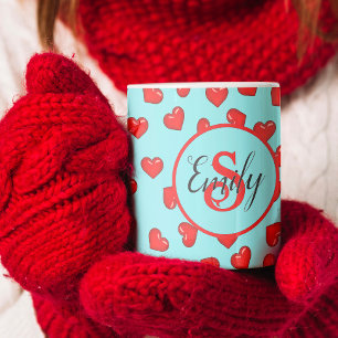 Taza De Café stylish monogrammed Red heart pattern on blue