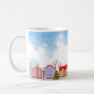 Taza De Café Suburbios del cielo azul acuarela en tiempo de Nav