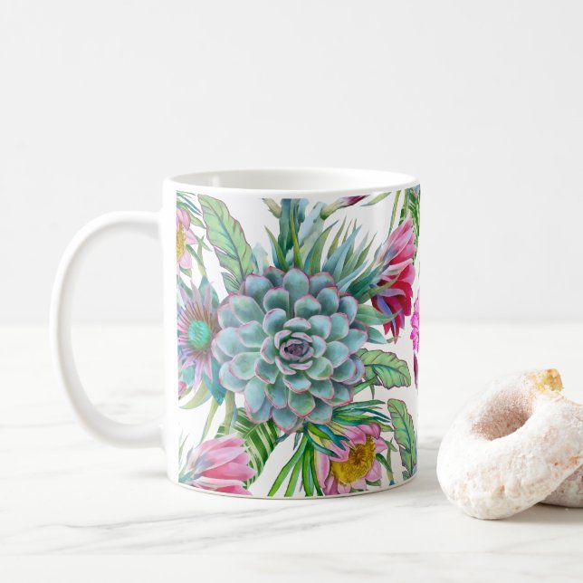 Taza De Café Suculentos Echeveria Cactus Flowers Patrón (Con donut)