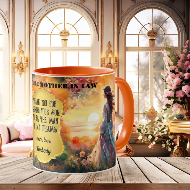 Taza De Café Suegra Gracias Boda (Mother-in-law Thank You wedding mug featuring a retro watercolor painting with a lady at sunset)