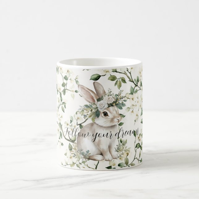 Taza De Café Sueños de conejo blanco flores hojas (Centro)