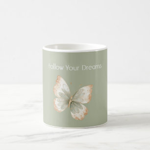 Taza De Café Sueños de Mariposa Verde Crema Tostada