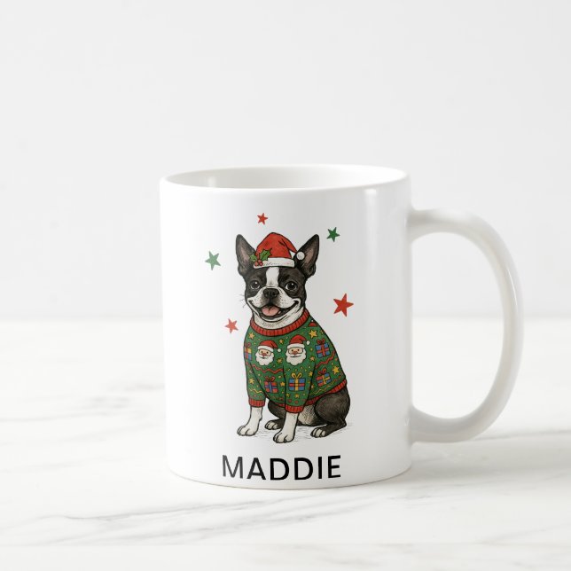 Taza De Café Suéter de Navidad para perro Boston Terrier (Derecha)