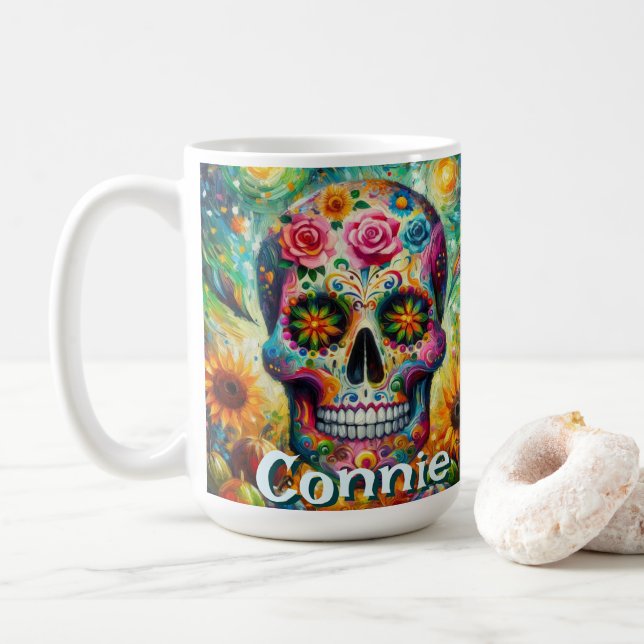 Taza De Café Sugar Skull Day of the Dead Floral Personalized (Con donut)