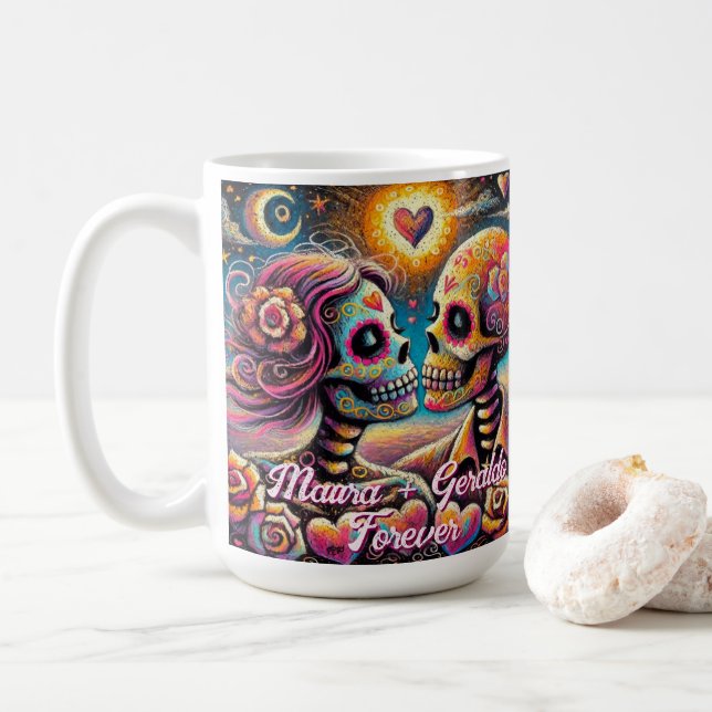 Taza De Café Sugar Skulls in Love Chalk Pastel Personalized (Con donut)