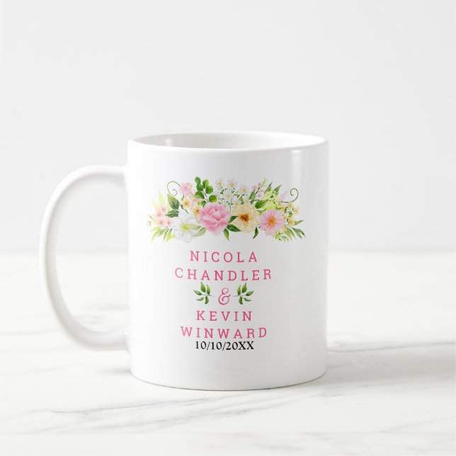 Taza De Café Summer Pink and Yellow Flowers and Foliage Wedding (Izquierda)