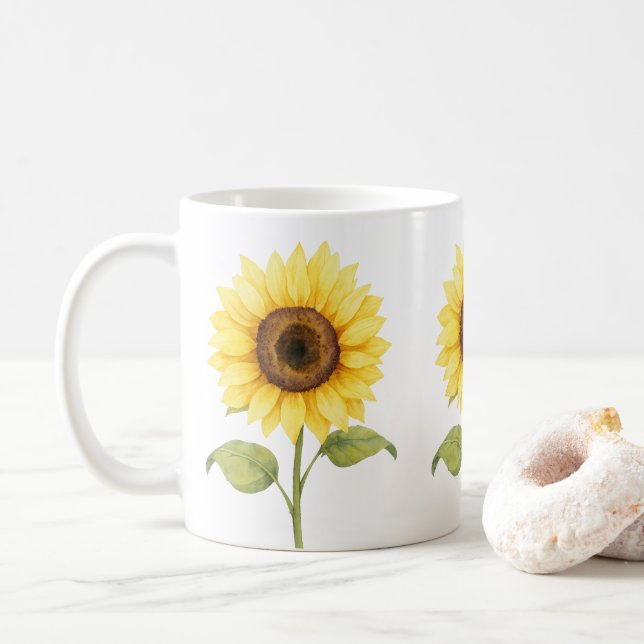 Taza De Café Sunflower Watercolor Artwork — Bright Natural (Con donut)