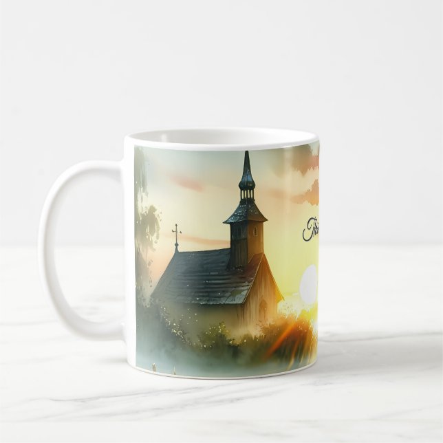 Taza De Café Sunrise Church with Birds in Misty Meadow (Izquierda)
