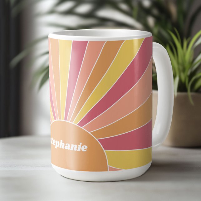 Taza De Café Sunrise de rayas retro - nombre de guión de arcoir (Custom Mug - Personalize with Your Name or Initials)