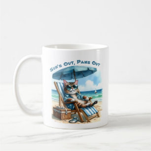Taza De Café Suns Out Paws Out Paws Out Cat Beach Chair Blue Um