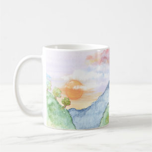 Taza De Café Sunset acuarela sobre montañas y árboles