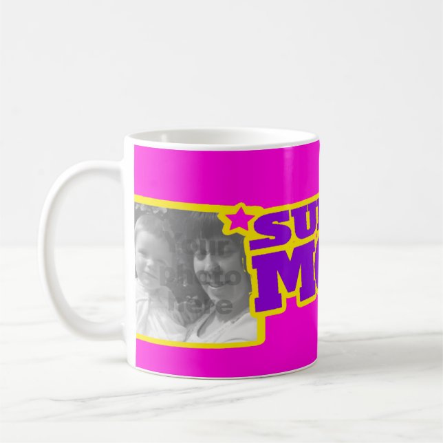 Taza De Café Super Mom 2 fotos Mug amarillo rosa (Izquierda)