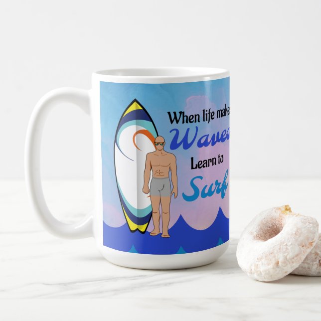 Taza De Café Surfboard Ocean Waves Blue Motivation Cita (Con donut)