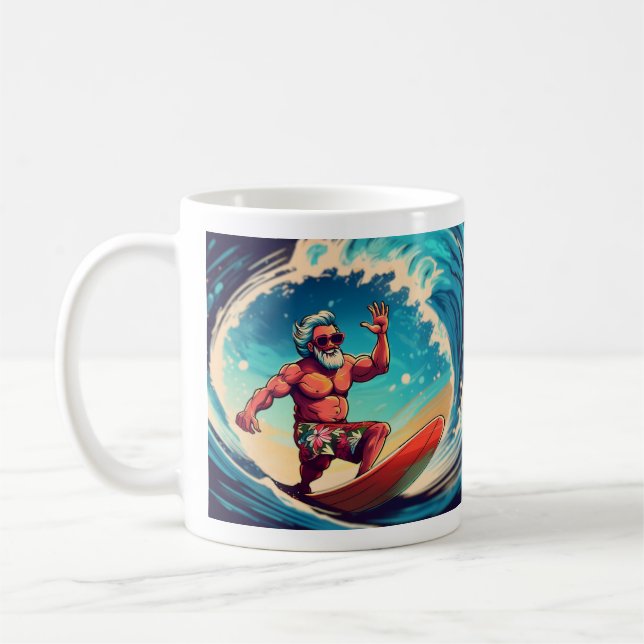 Taza De Café Surf's Up, Santa: Vibes de olas tropicales" (Izquierda)