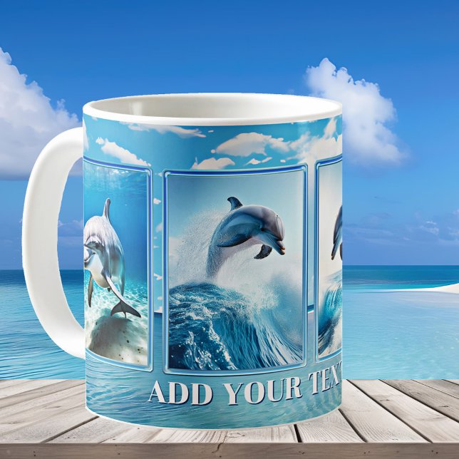 Taza De Café Sus fotos o la playa de Dolphin Turquoise (Mug featuring your photos on a beach background. You can also leave the dolphins if you like!)