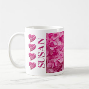 Taza De Café "Susan" Pink Hydrangea Floral Lettering & Hearts