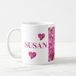 Taza De Café "Susan" Pink Hydrangea Floral Letters & Cute Heart