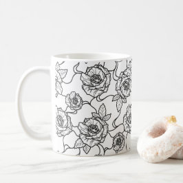 Taza De Café Susurros de Rosa, Patrón Floral de Arte de Línea E