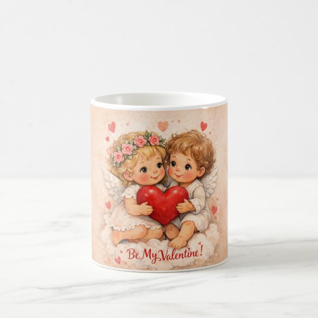 Taza De Café Sweet folk-style Valentine card with angel childre (Centro)