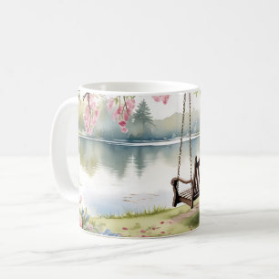 Taza De Café Swing a orillas del lago en un romántico jardín ac